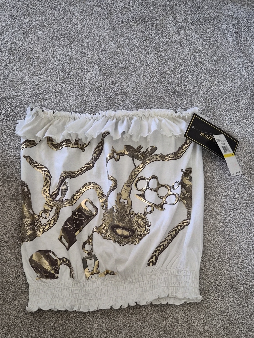 White Strapless Smocked Top with Metallic Gold Chain Print